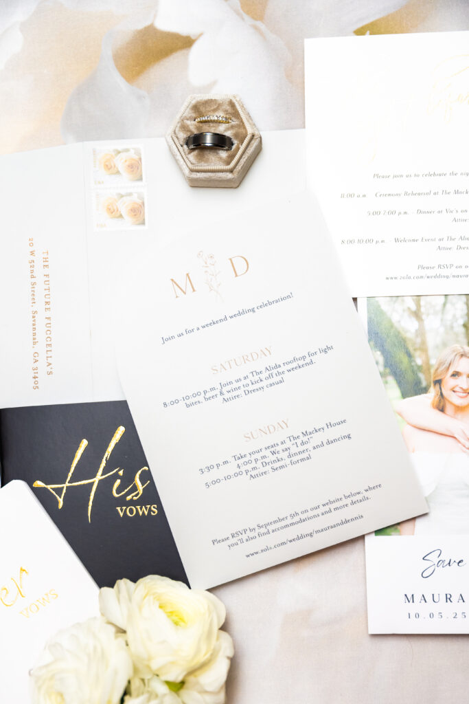 Flatlay of a wedding invitation suite with vow books, a ring box, stamps, and white florals.