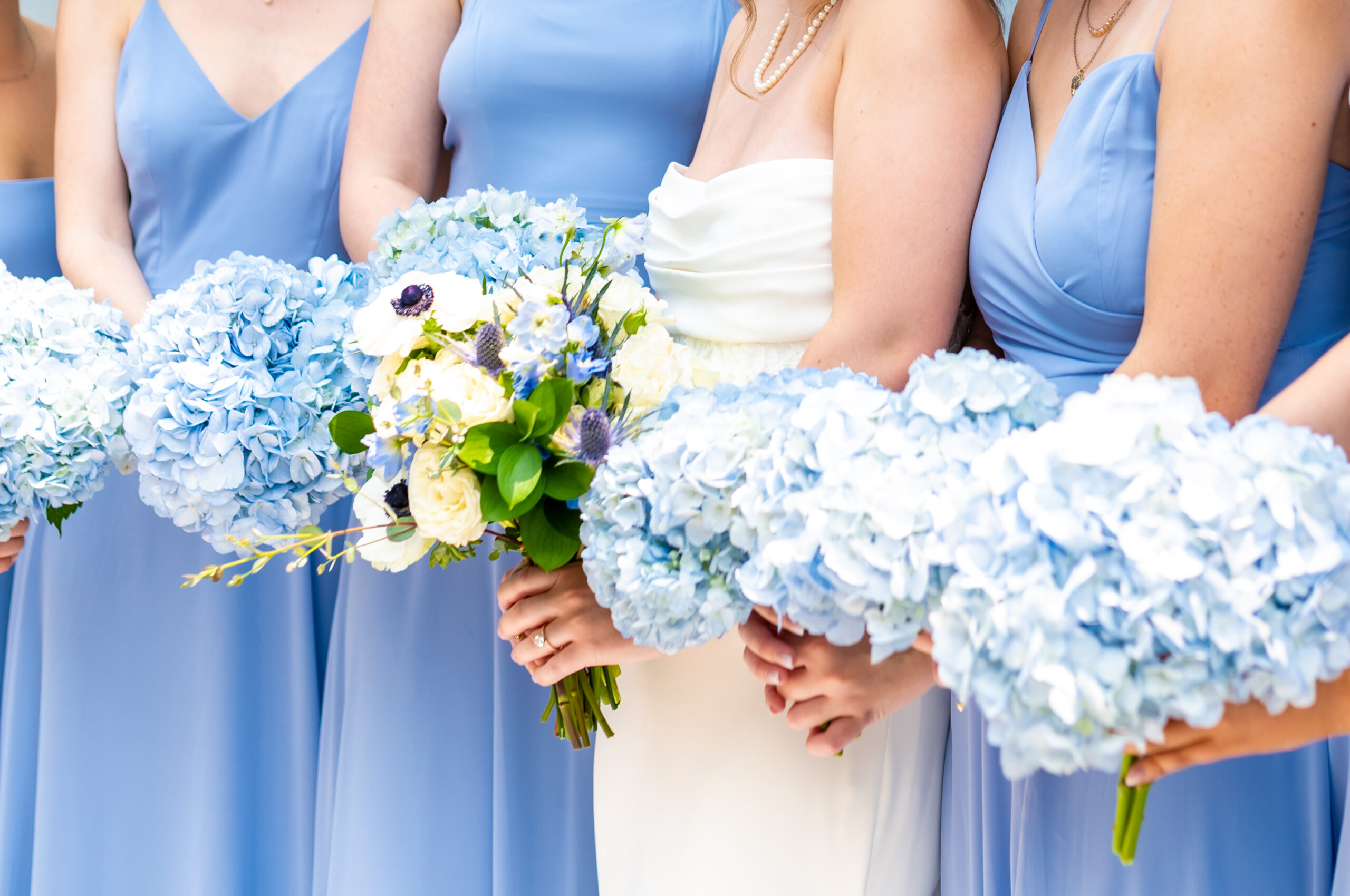 Bride holding a white rose and blue thistle bouquet flanked by bridesmaids in periwinkle blue gowns holding large blue hydrangea bouquets, photographed by Maryland wedding photographer Jennifer Mary Collective