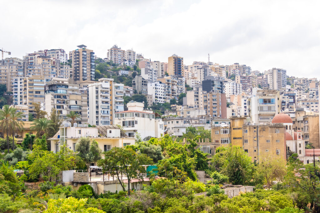 Aerial view of Beirut Lebanon cityscape with buildings climbing the hillside