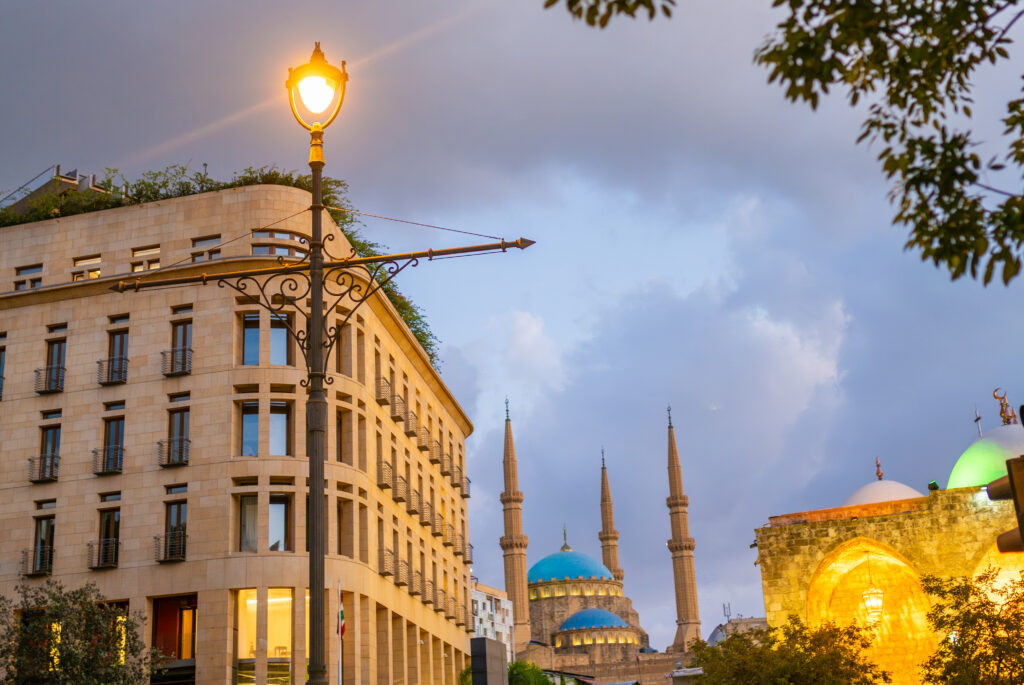 Beirut Lebanon skyline at dusk with Mohammad Al-Amin Mosque photographed by Lebanese-American photographer Jen El-Haddad