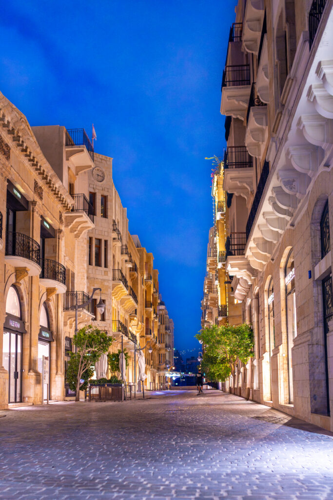Empty cobblestone streets of Beirut Souks at blue hour Lebanon