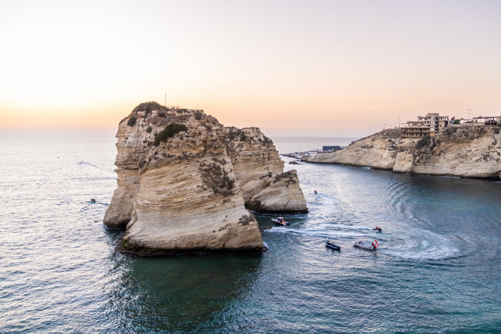 Raouche Pigeon Rocks Beirut Lebanon at sunset photographed by Lebanese-American photographer